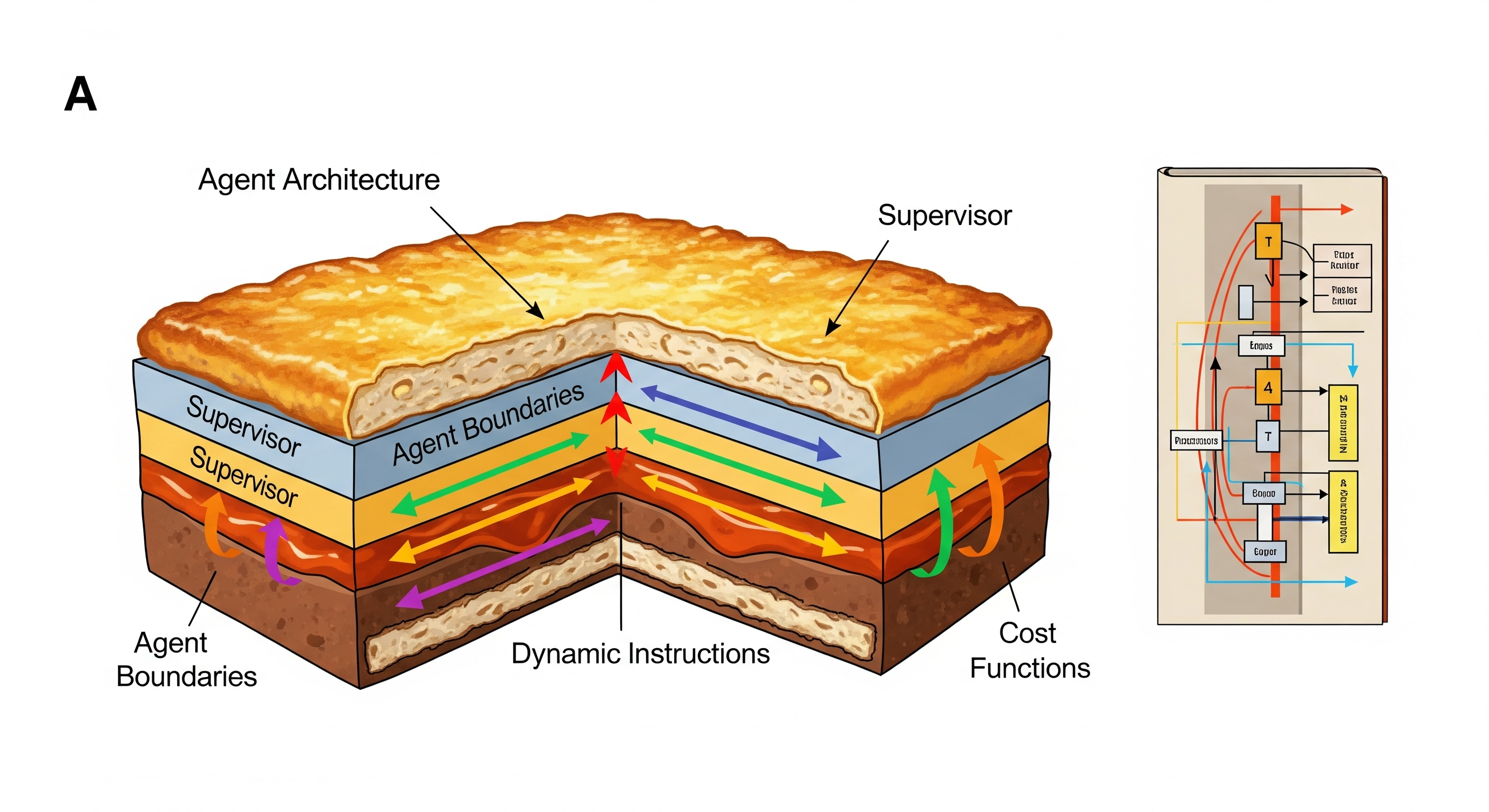 Cross-section of layered agent architecture with interconnected components