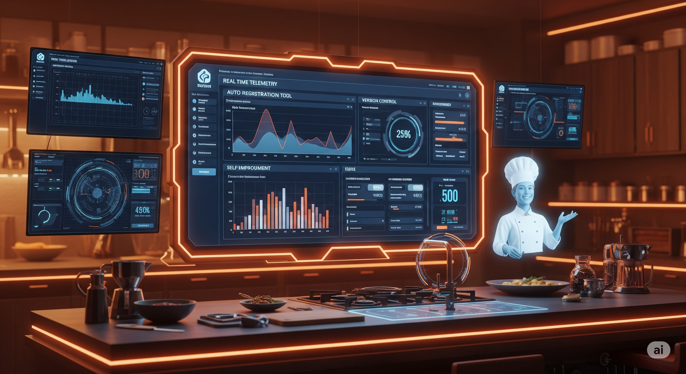 Futuristic kitchen dashboard showing telemetry and automated systems