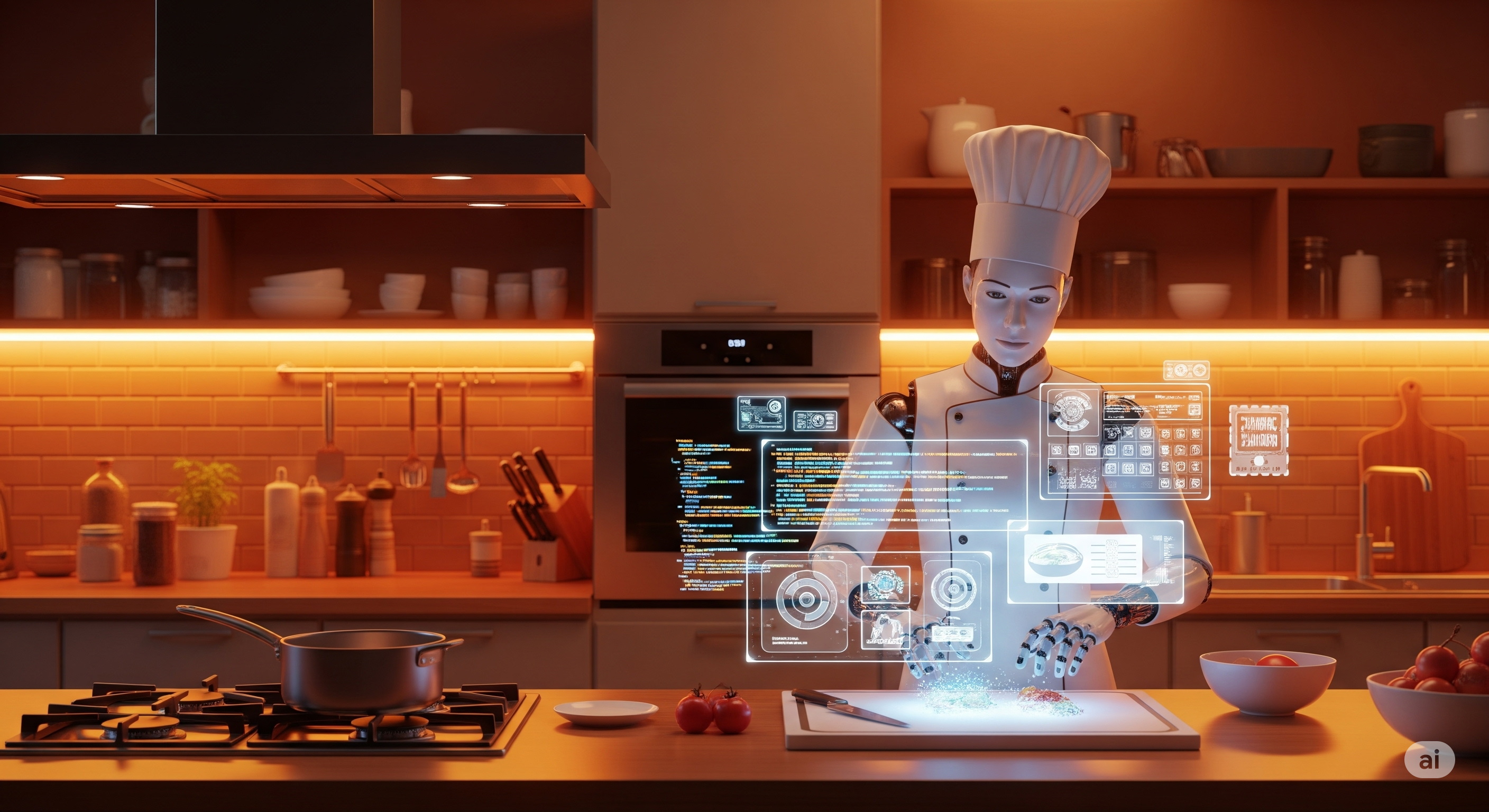 AI chef preparing prompt recipes in a futuristic kitchen